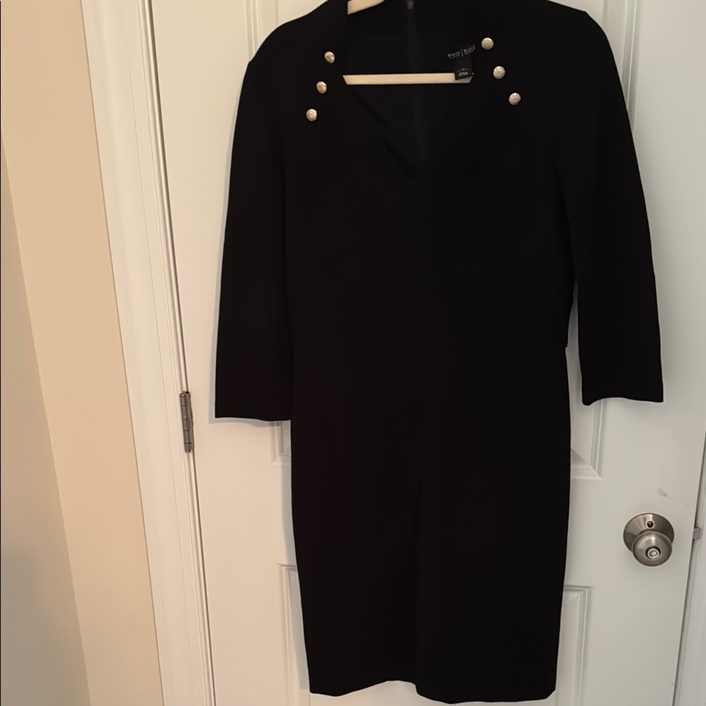 White House Black Market Elegant Black Dress with Gold Button Accents